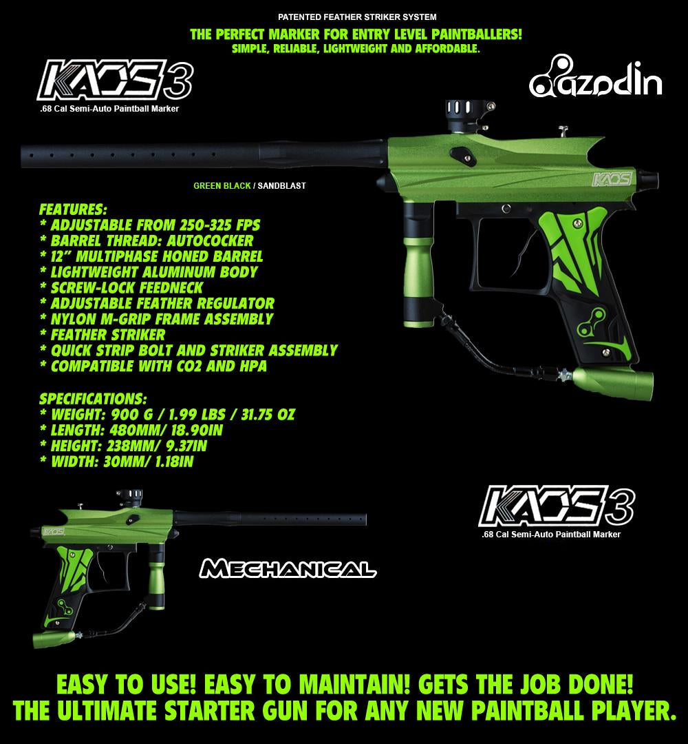 CLEARANCE Azodin Kaos 3 Semi-Automatic .68 Caliber Paintball Gun Marker - Green / Black - USED
