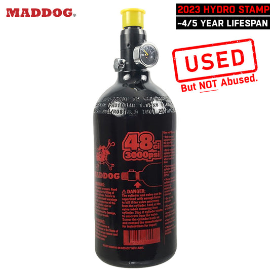 USED BLOWOUT CLEARANCE Maddog 48/3000 Compressed Air Aluminum HPA Paintball Tank with Regulator - 2023 Hydro Date