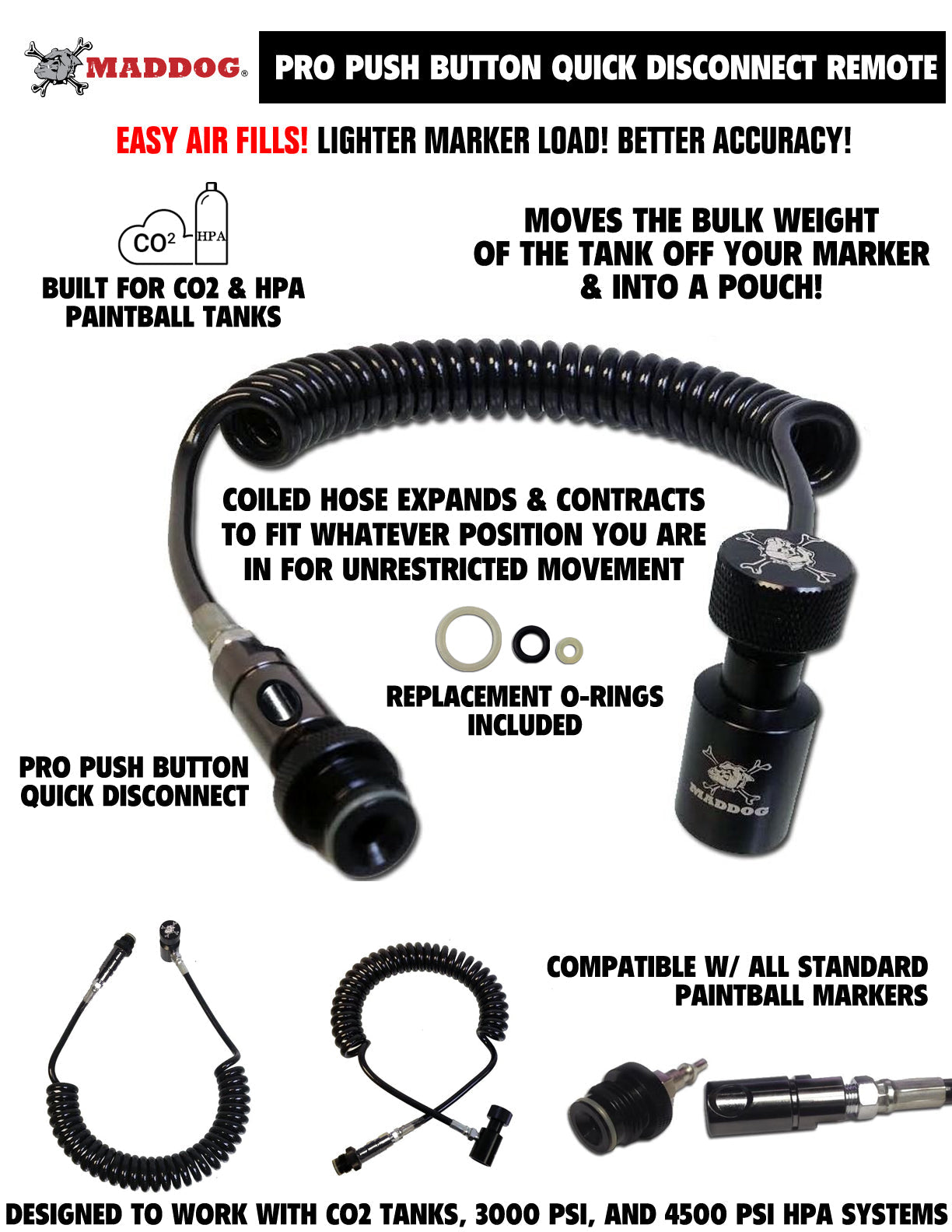 CLEARANCE Maddog Quick Disconnect Paintball Tank Remote Coils - High Pressure Air (HPA) & CO2 | USED But NOT Abused