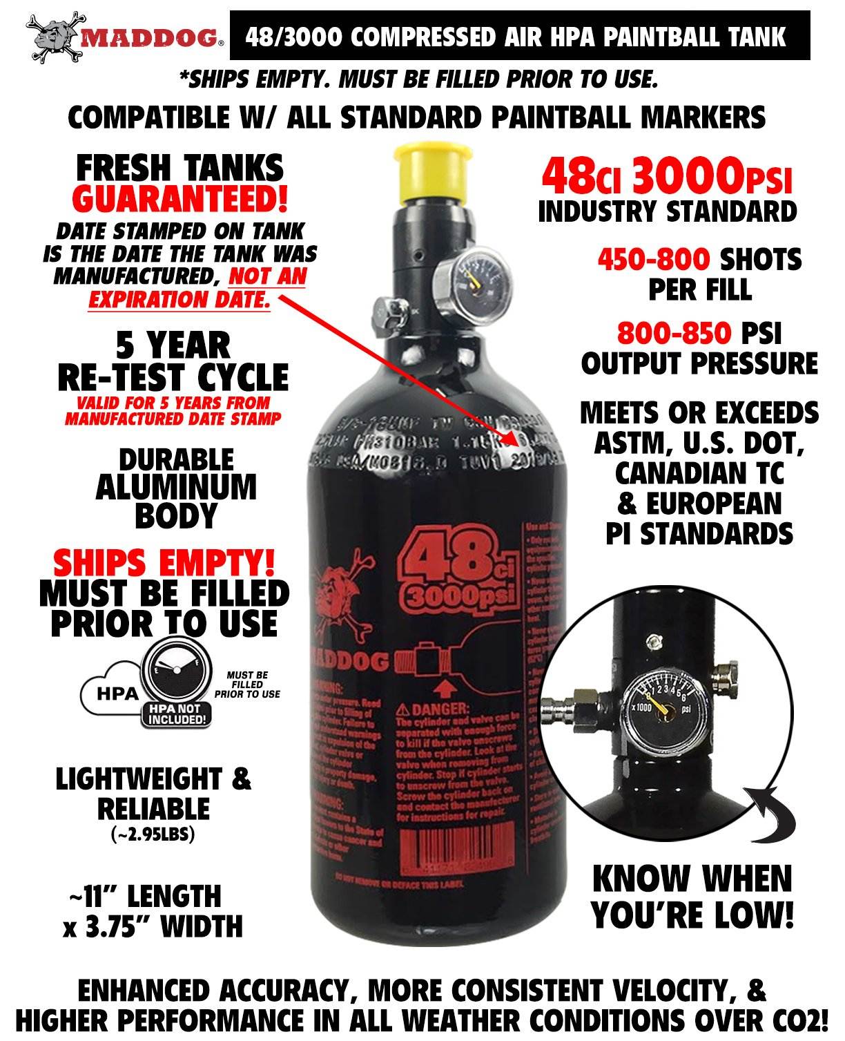 Maddog 48/3000 Compressed Air Aluminum HPA Paintball Tank - 5 Yr Hyrdro - PaintballDeals.com
