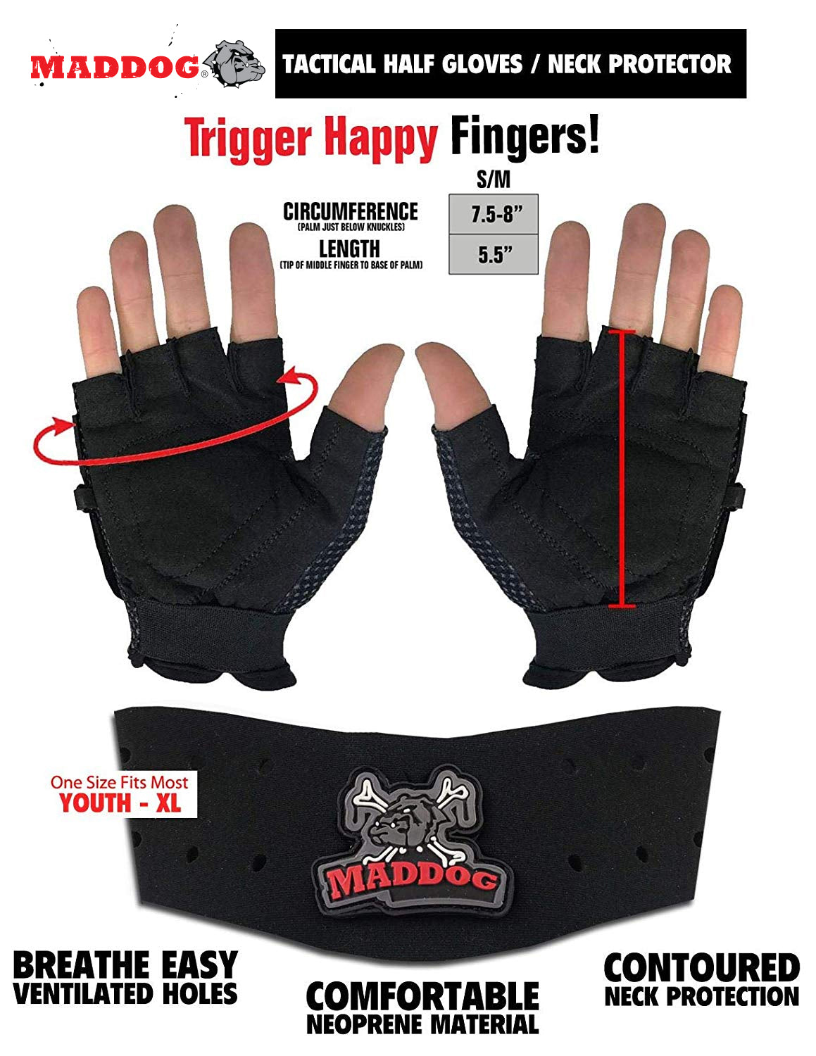 CLEARANCE Maddog Padded Airsoft Paintball Chest Protector, Tactical Half Finger Glove, & Neck Protector Combo Package - Black - Large / X-Large