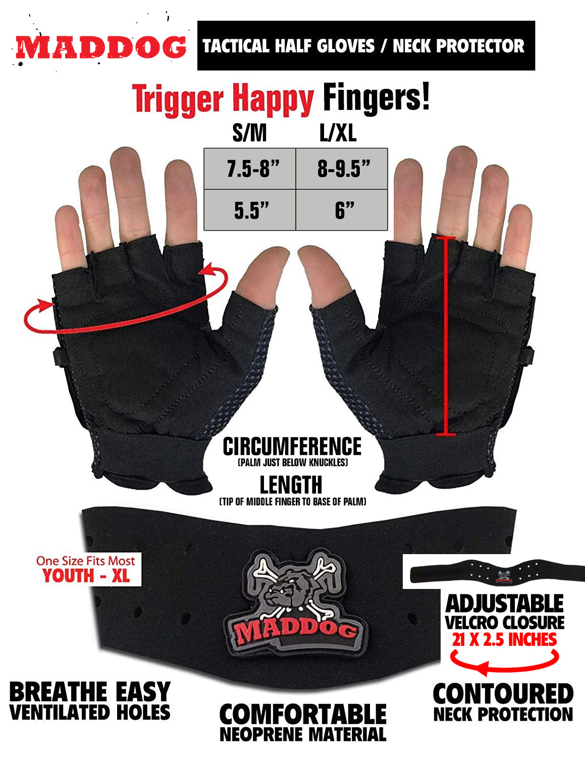 Maddog Paintball Protective Combo - Tactical Half-Finger Gloves, Padded Chest Protector, & Neoprene Neck Protector - Black or Camo