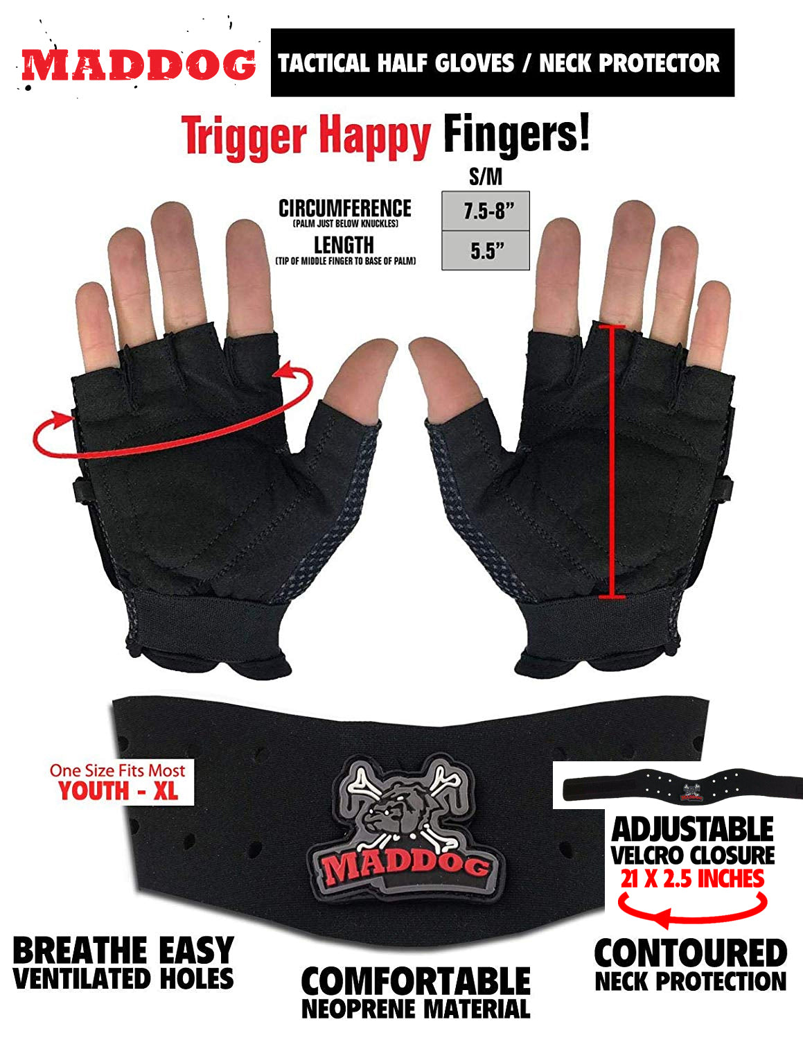 CLEARANCE Maddog Tactical Half Finger Glove Chest Protector and Neck Combo Trio - Black - Small/Medium