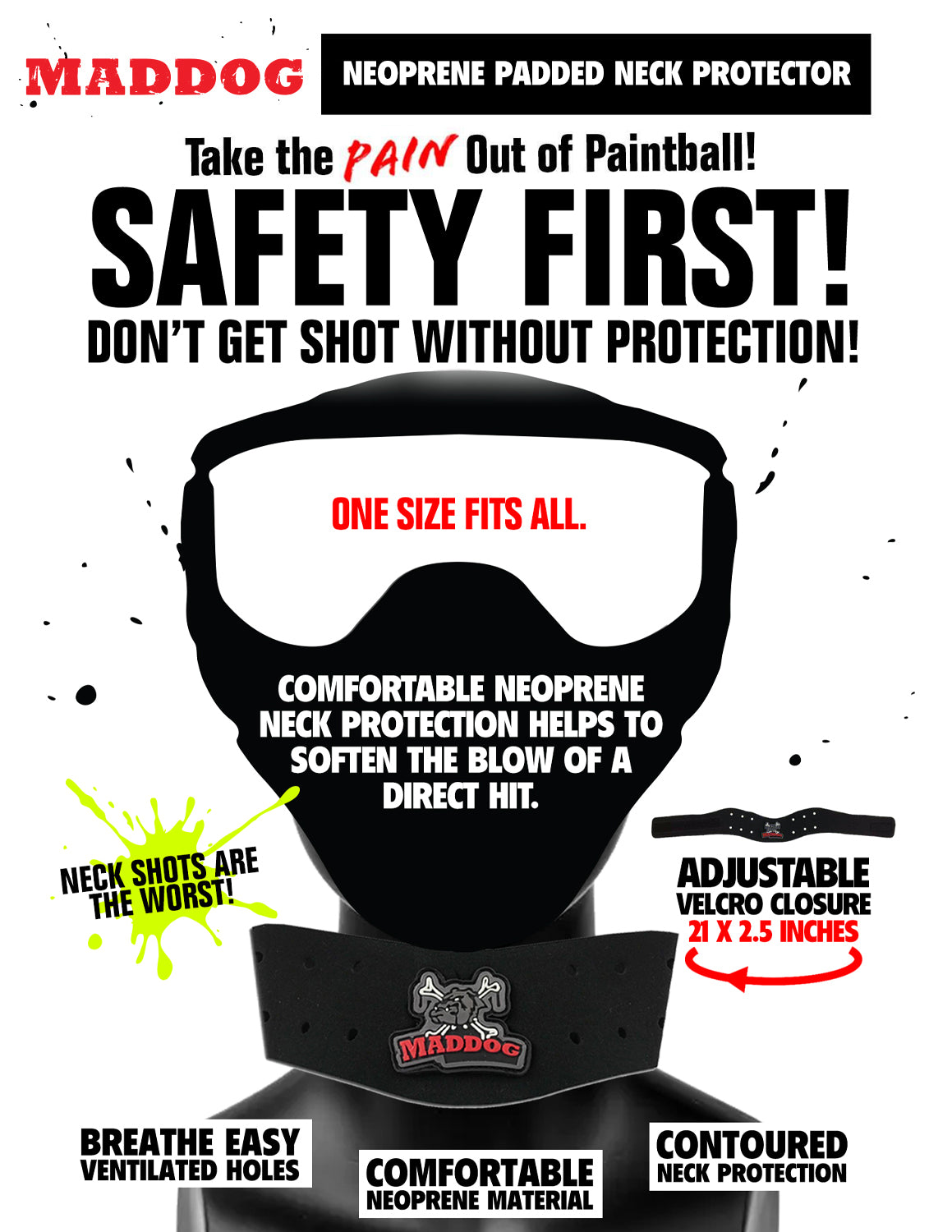 Maddog Paintball Protective Combo - Tactical Half-Finger Gloves, Padded Chest Protector, & Neoprene Neck Protector - Black or Camo