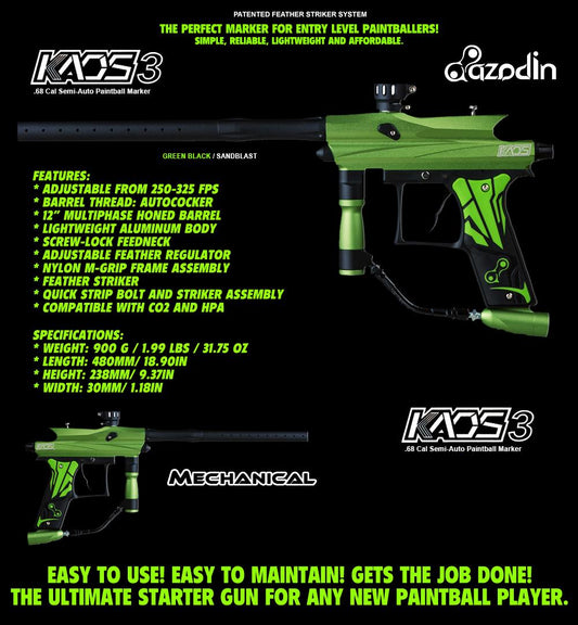 CLEARANCE Azodin Kaos 3 Semi-Automatic .68 Caliber Paintball Gun Marker - Green / Black - USED