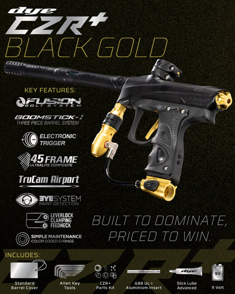 Dye CZR+ .68 Caliber Full Auto Electronic Paintball Gun Marker - Black / Gold Dust