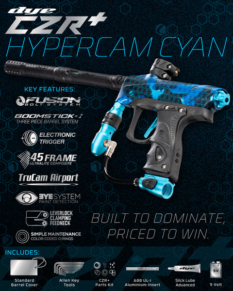 Dye CZR+ .68 Caliber Full Auto Electronic Paintball Gun Marker - PGA HyperCam Cyan Dust