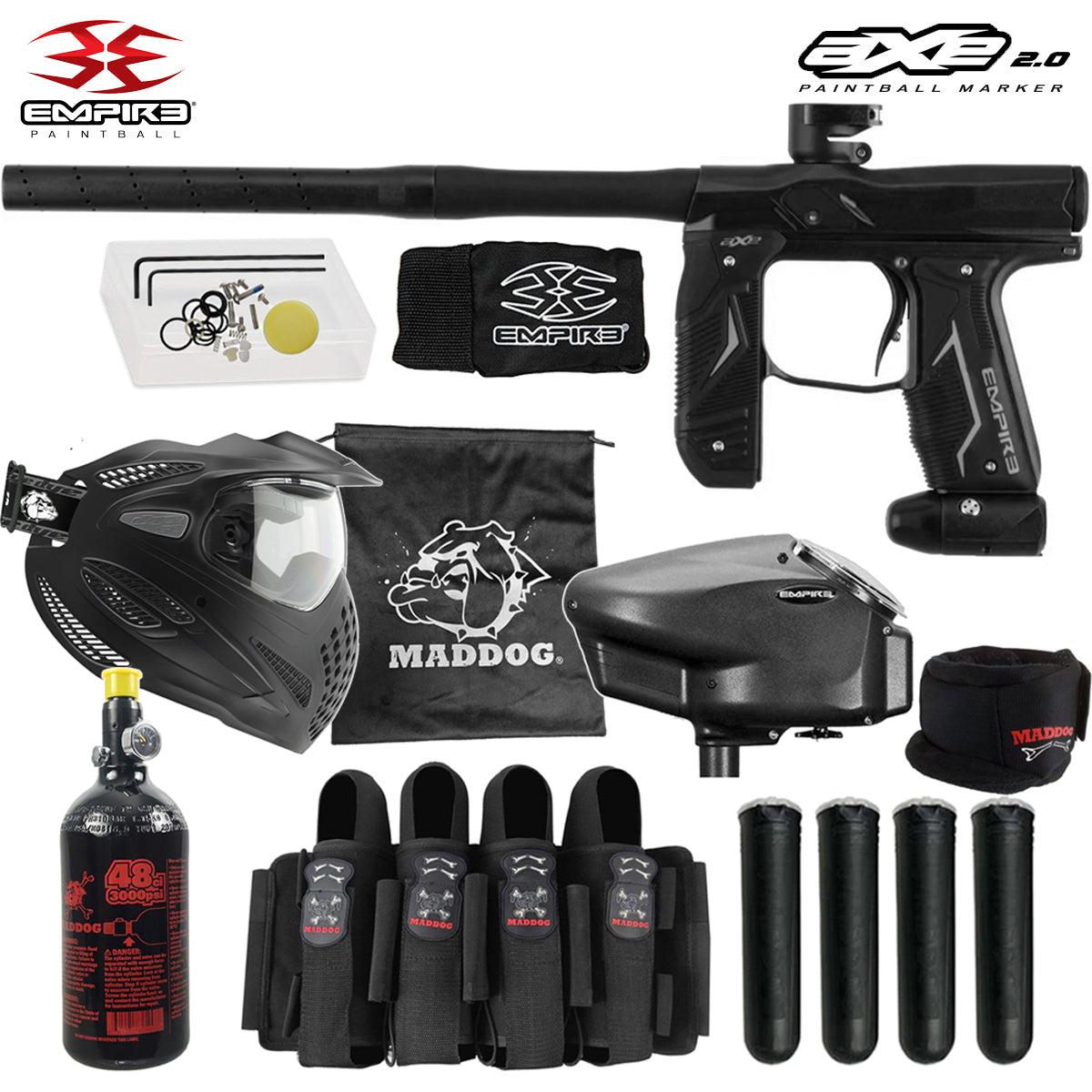 Empire Axe 2.0 Electronic Full Auto Paintball Gun w/ 48/3000 HPA Tank, Empire Halo Too Loader, Empire Helix Thermal Mask, Neck Protector, 4+3 Harness & (4) Pods Starter Package