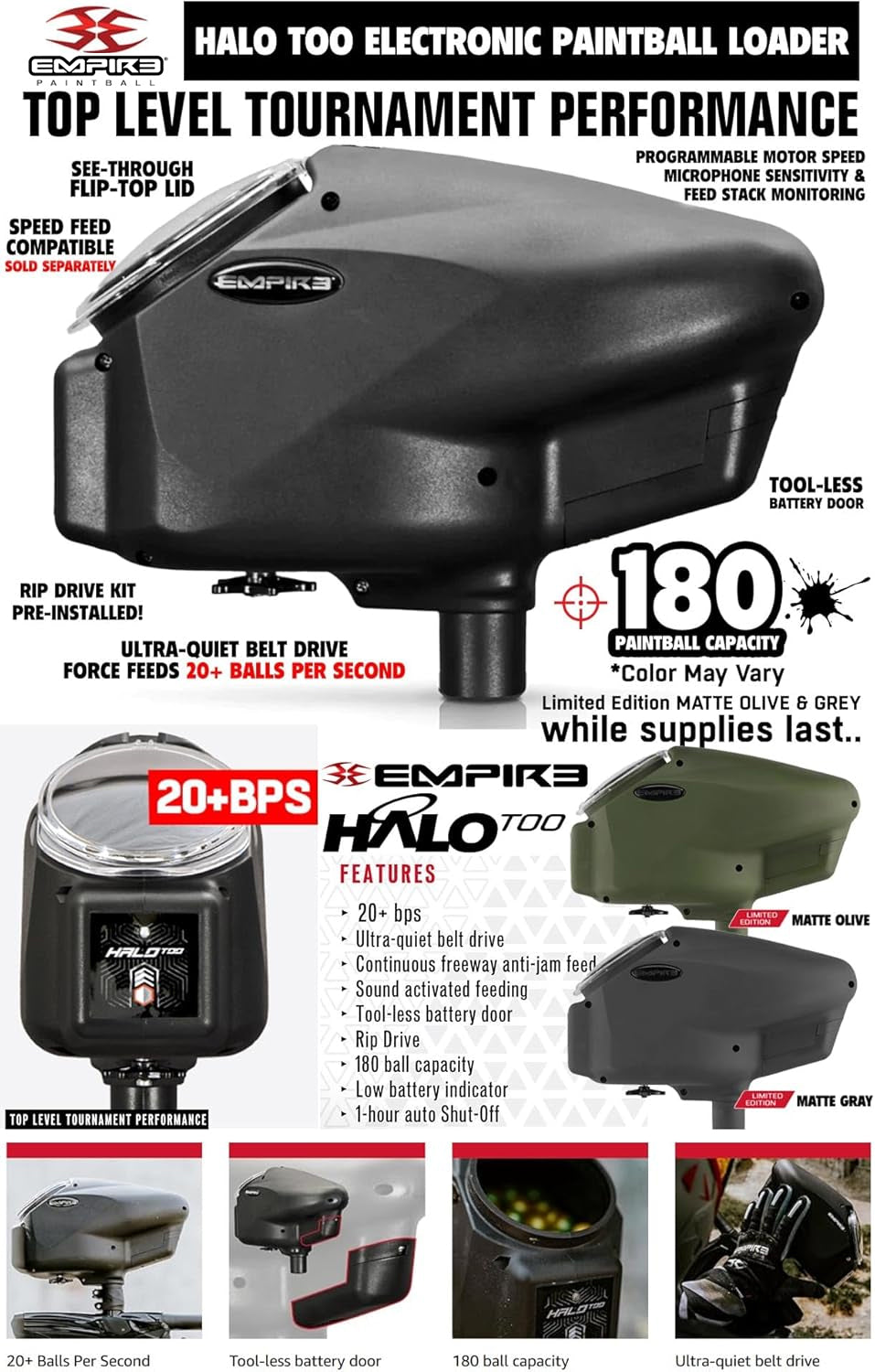 Empire Axe 2.0 Electronic Full Auto Paintball Gun w/ 48/3000 HPA Tank, Empire Halo Too Loader, Empire Helix Thermal Mask, Neck Protector, 4+3 Harness & (4) Pods Starter Package