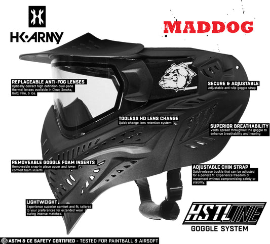 Maddog HK Army HSTL Goggle Paintball Airsoft Mask with Anti Fog Thermal Lens - Black w/ Clear Lens