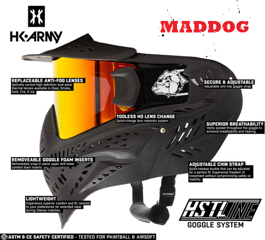 Maddog HK Army HSTL Goggle Paintball Airsoft Mask with Anti Fog Thermal Lens - Black w/ Fire Lens