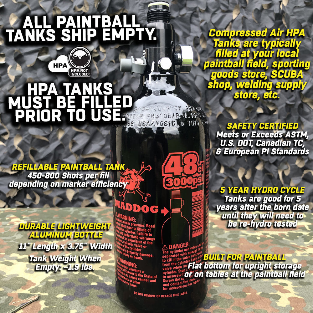 USED BLOWOUT CLEARANCE Maddog 48/3000 Compressed Air Aluminum HPA Paintball Tank with Regulator - 2021 Hydro Date