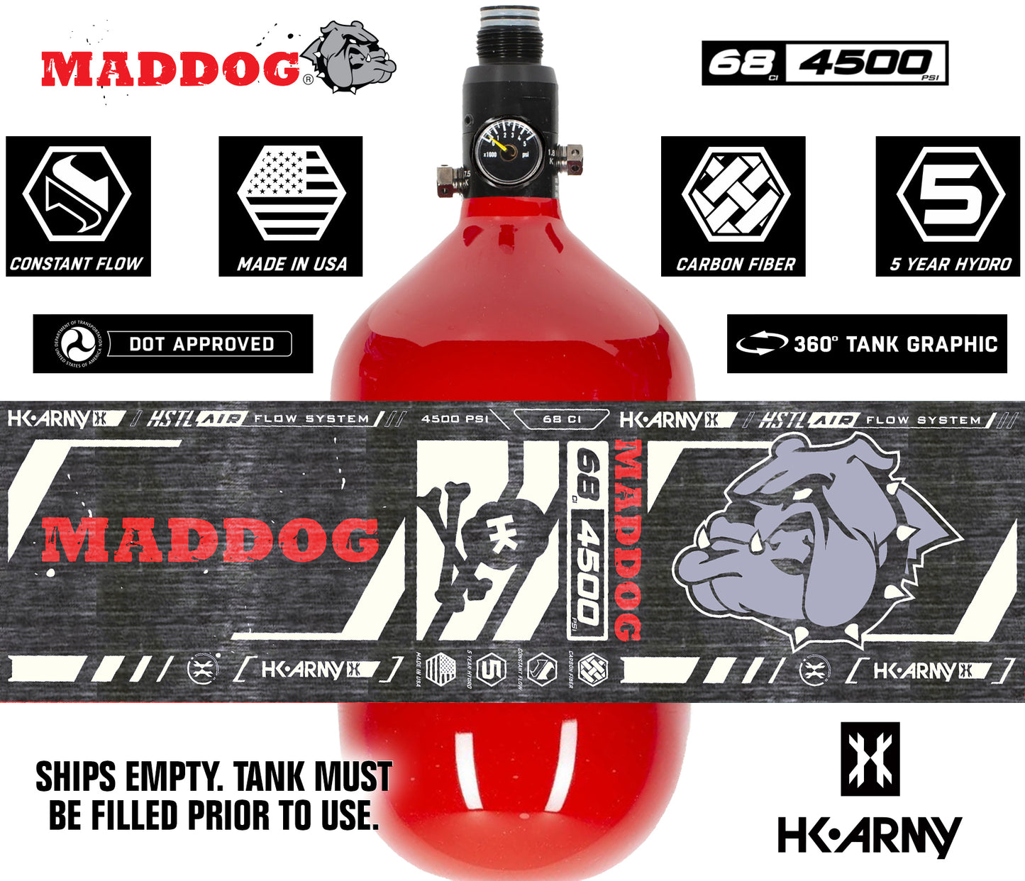 CLEARANCE Maddog HK Army HSTL 68/4500 Carbon Fiber HPA Compressed Air Paintball Tank Bottle System - Standard Reg | 2024 Hydro