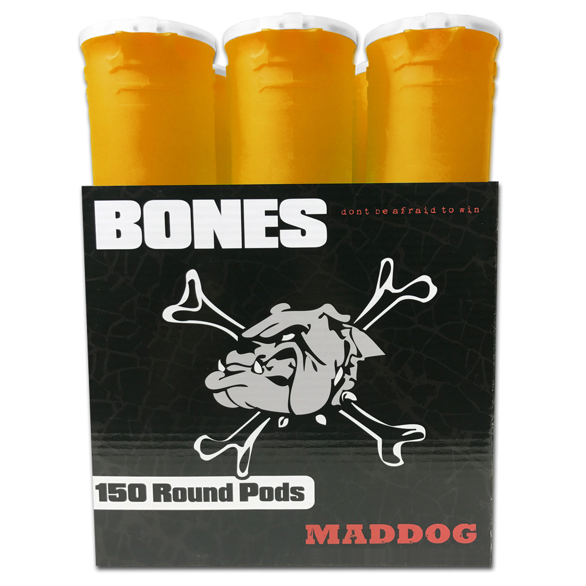 Maddog 150 Round BONES Paintball Pods – Durable Spring Lid + Bones Grip