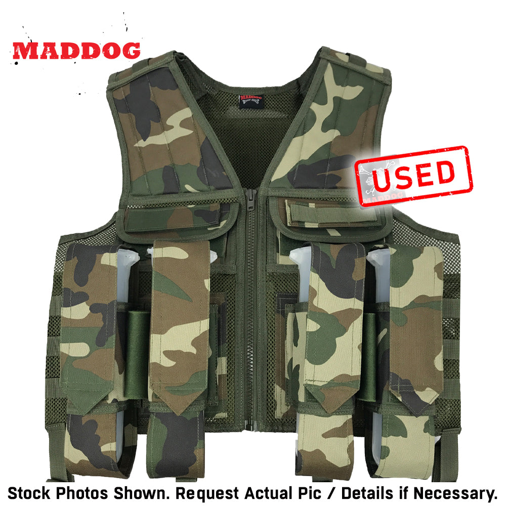 CLEARANCE Maddog Tactical Paintball Battle Vest Woodland Camo Airsoft Milsim USED But NOT Abused