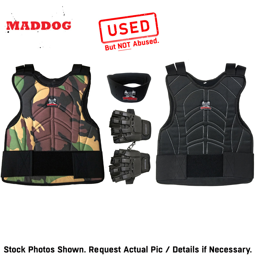 CLEARANCE Maddog Paintball Protective Combo - Tactical Half-Finger Gloves, Padded Chest Protector, & Neoprene Neck Protector - Black or Camo