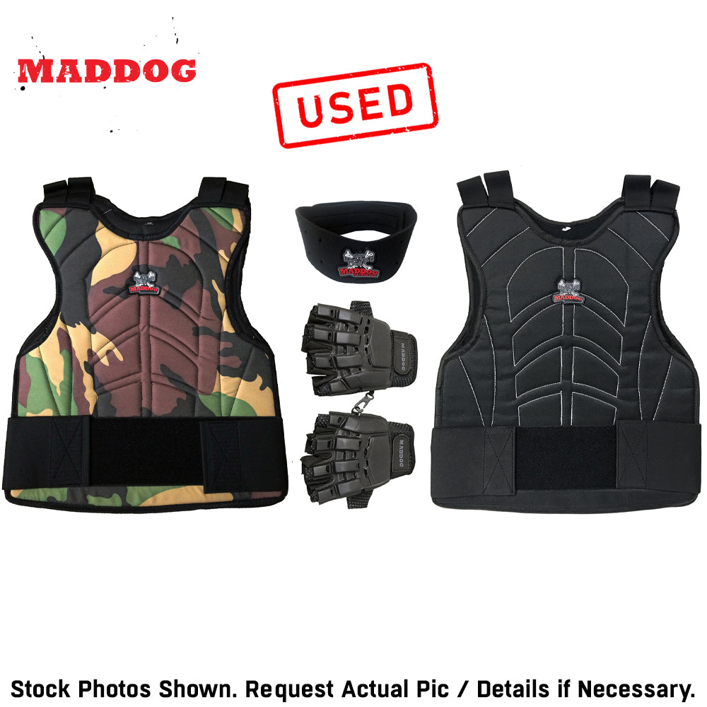 CLEARANCE Maddog Paintball Protective Combo - Tactical Half-Finger Gloves, Padded Chest Protector, & Neoprene Neck Protector - Black or Camo - USED But Not Abused