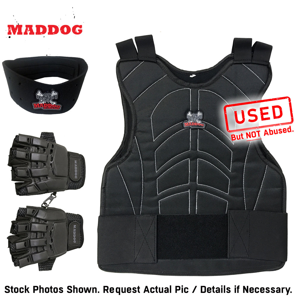 CLEARANCE Maddog Paintball Protective Combo - Tactical Half-Finger Gloves, Padded Chest Protector, & Neoprene Neck Protector - Black or Camo