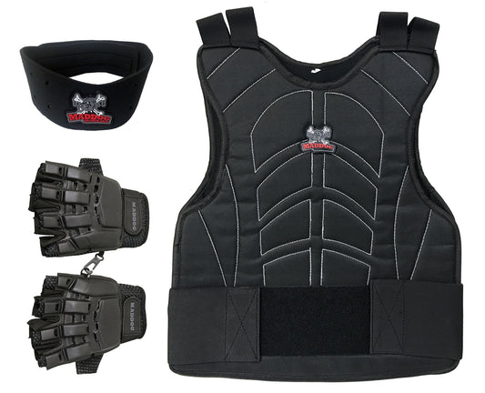 Maddog Paintball Protective Combo - Tactical Half-Finger Gloves, Padded Chest Protector, & Neoprene Neck Protector - Black or Camo