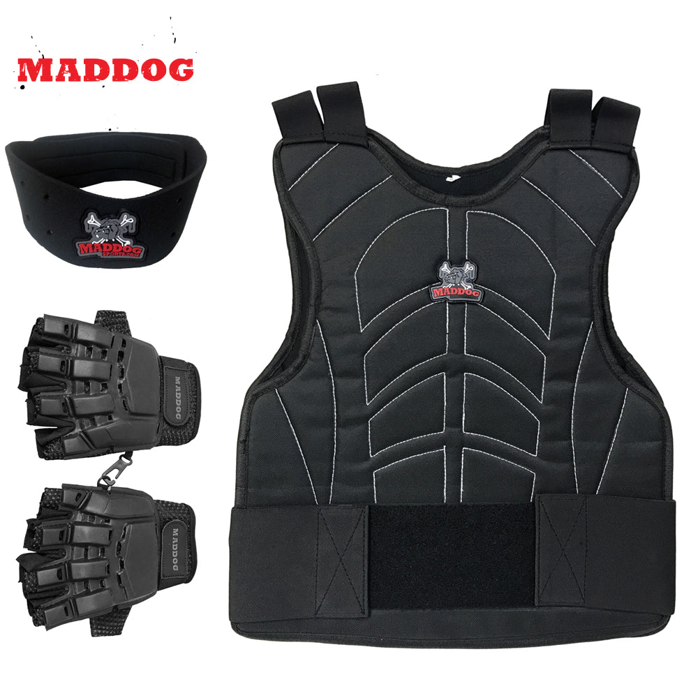 Maddog Paintball Protective Combo - Tactical Half-Finger Gloves, Padded Chest Protector, & Neoprene Neck Protector - Black or Camo
