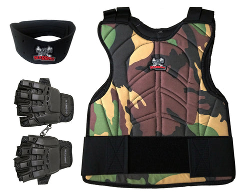 CLEARANCE Maddog Paintball Protective Combo - Tactical Half-Finger Gloves, Padded Chest Protector, & Neoprene Neck Protector - Black or Camo