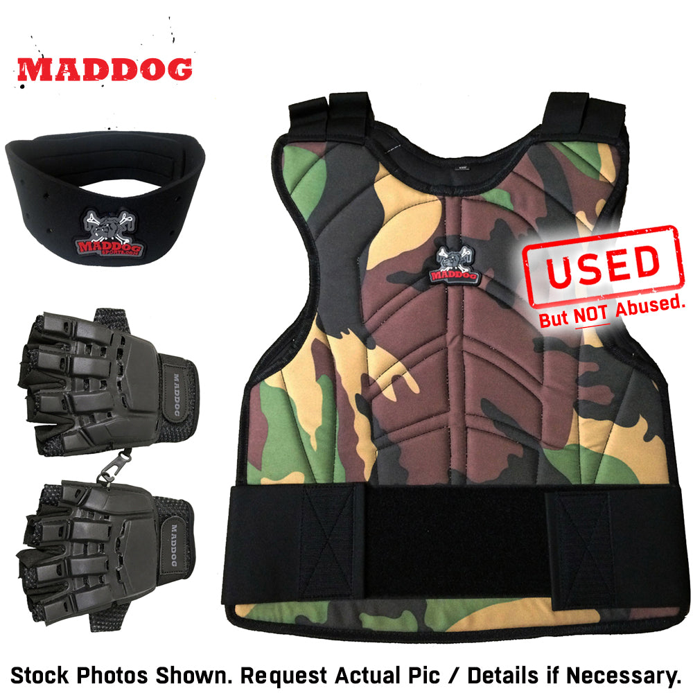 CLEARANCE Maddog Paintball Protective Combo - Tactical Half-Finger Gloves, Padded Chest Protector, & Neoprene Neck Protector - Black or Camo