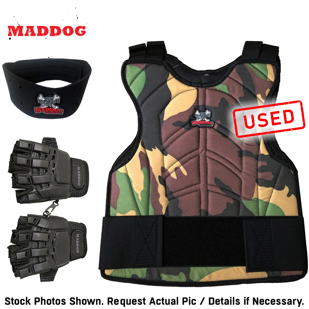 CLEARANCE Maddog Paintball Protective Combo - Tactical Half-Finger Gloves, Padded Chest Protector, & Neoprene Neck Protector - Black or Camo - USED But Not Abused