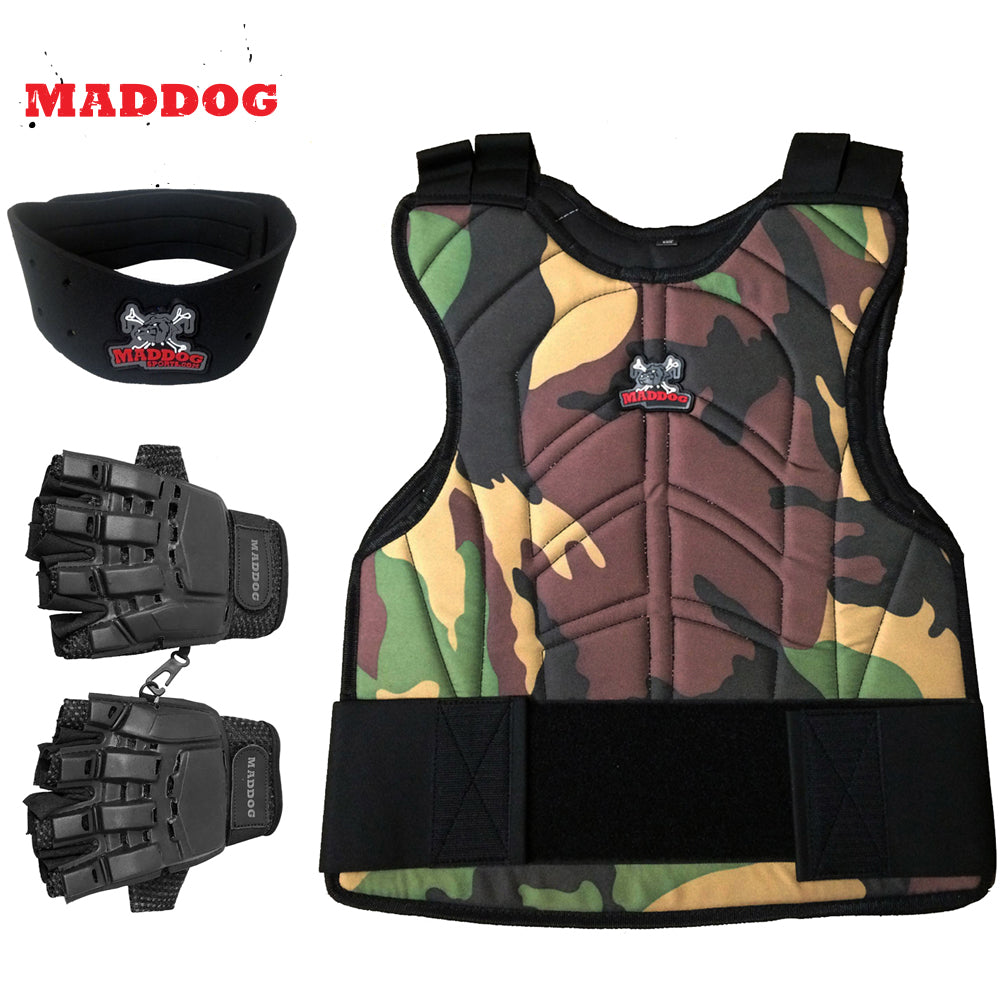 Maddog Paintball Protective Combo - Tactical Half-Finger Gloves, Padded Chest Protector, & Neoprene Neck Protector - Black or Camo