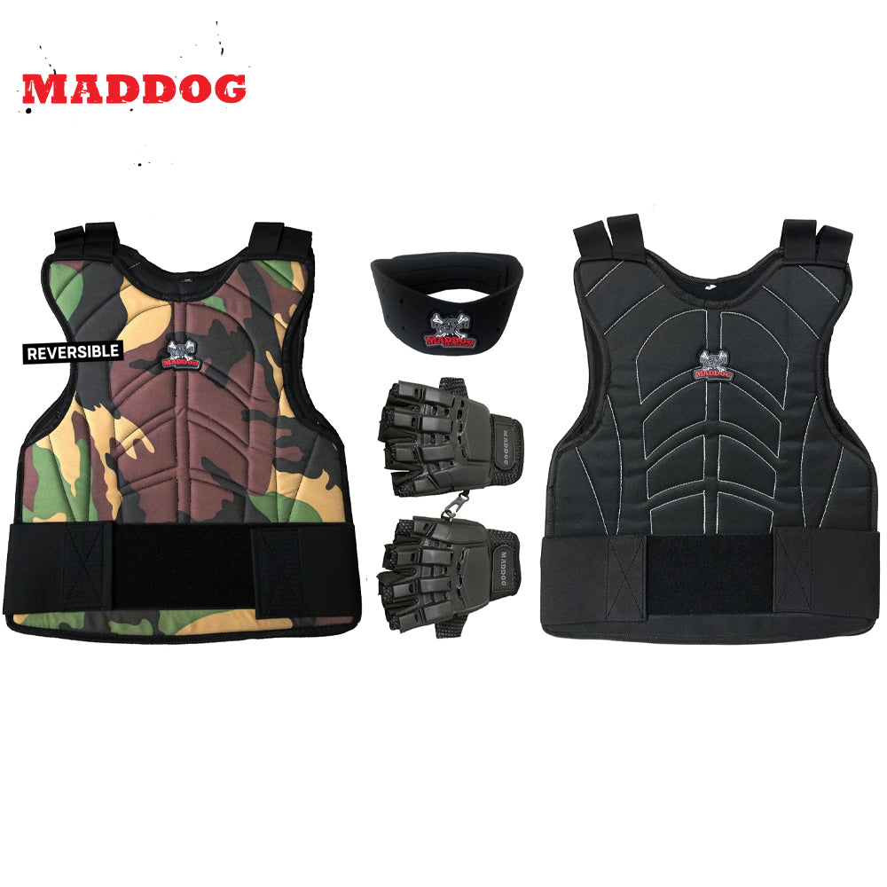 Maddog Paintball Protective Combo - Tactical Half-Finger Gloves, Padded Chest Protector, & Neoprene Neck Protector - Black or Camo