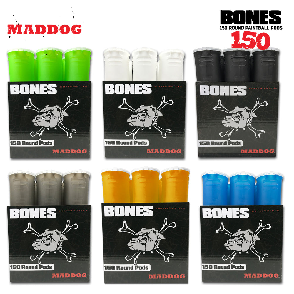 Maddog 150 Round BONES Paintball Pods – Durable Spring Lid + Bones Grip