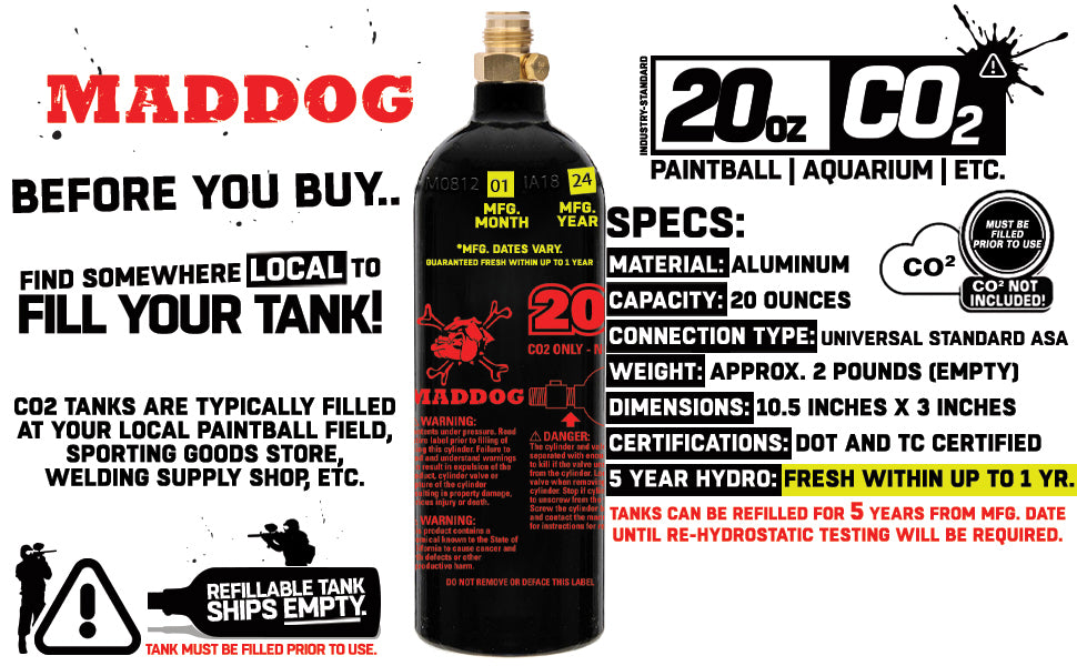 Maddog 20 Oz Aluminum Paintball Tank Co2 Bottle
