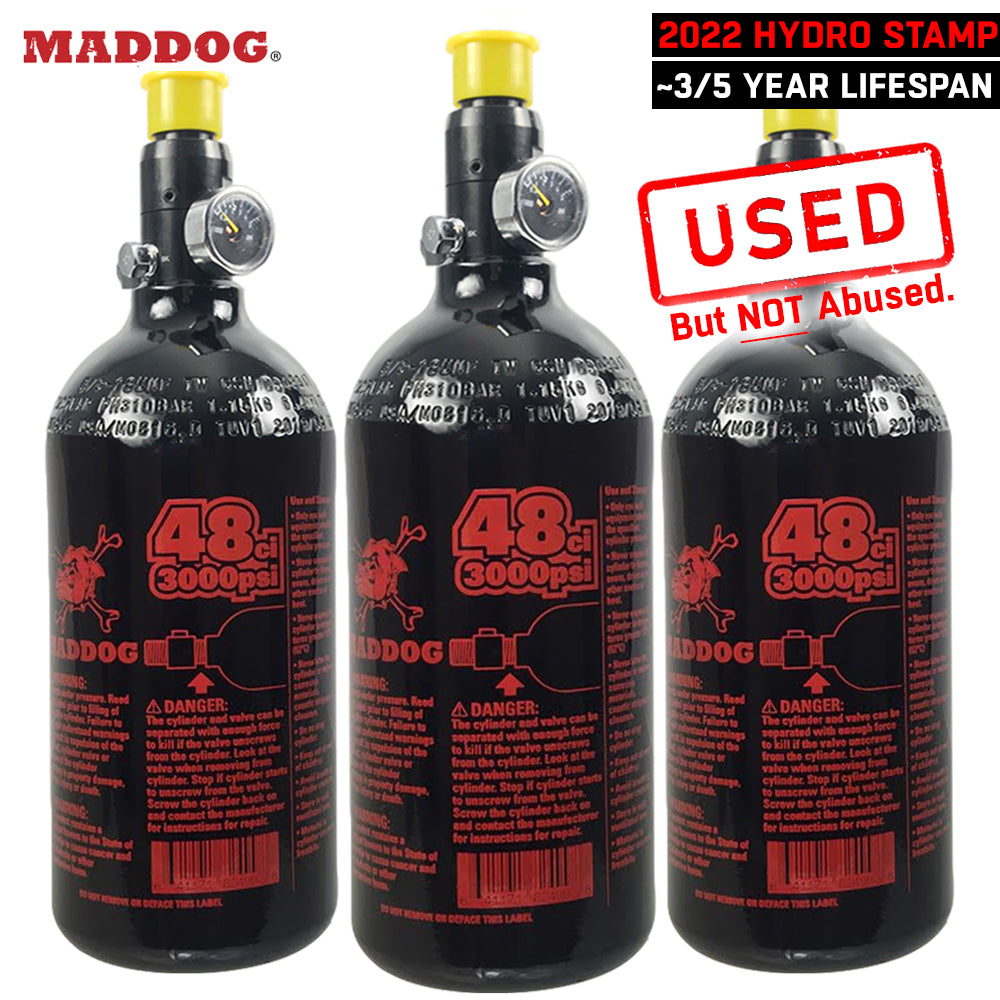 USED BLOWOUT CLEARANCE Maddog 48/3000 Compressed Air Aluminum HPA Paintball Tank with Regulator - 2022 Hydro Date