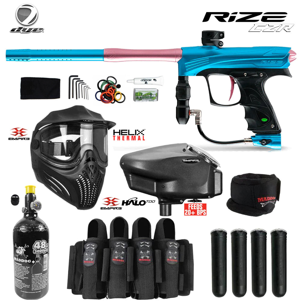 Dye Rize CZR Full Auto Paintball Gun Marker w/ 48/3000 HPA Tank, Empire Halo Too Loader, Empire Helix Thermal Mask, Neck Protector, 4+3 Harness & (4) Pods Starter Package