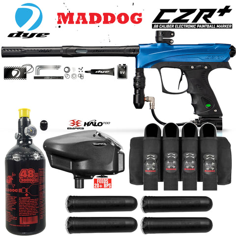 Maddog DYE CZR+ .68 Cal Full Auto Electronic Paintball Gun Marker Advanced Starter Package | HPA Tank, Empire Halo Too Loader, Neck Protector, Pro Harness & Paintball Pods