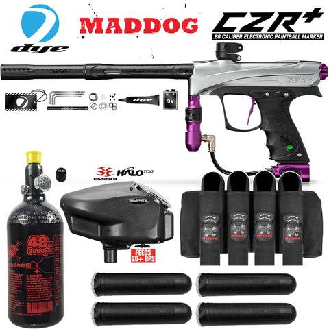 Maddog DYE CZR+ .68 Cal Full Auto Electronic Paintball Gun Marker Advanced Starter Package | HPA Tank, Empire Halo Too Loader, Neck Protector, Pro Harness & Paintball Pods