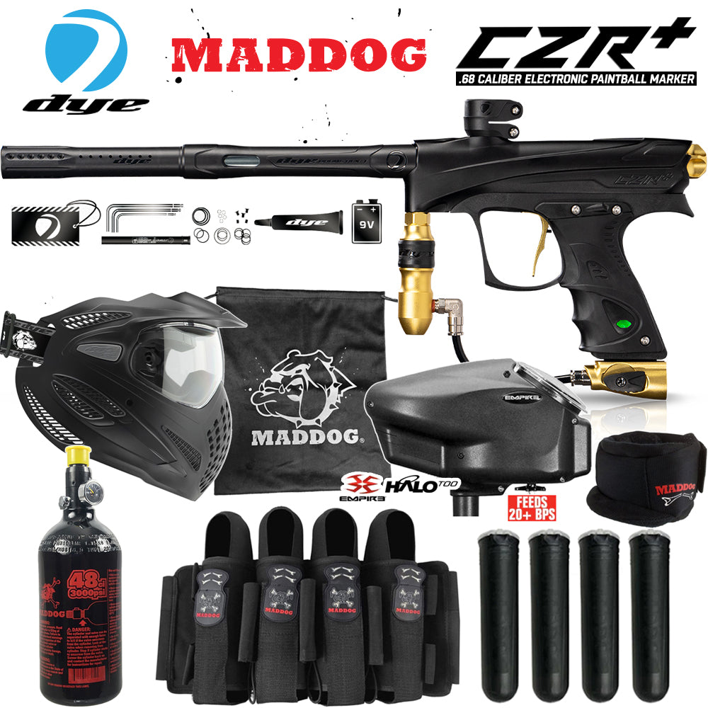 Maddog DYE CZR+ .68 Cal Full Auto Electronic Paintball Gun Marker Elite Starter Package | Thermal Anti-Fog Paintball Mask, HPA Tank, Empire Halo Too Loader, Neck Protector, Pro Harness & Paintball Pods