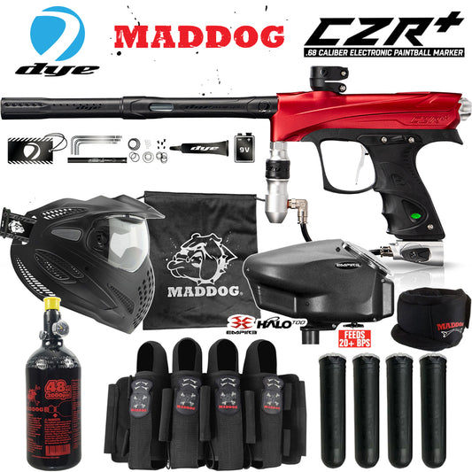 Maddog DYE CZR+ .68 Cal Full Auto Electronic Paintball Gun Marker Elite Starter Package | Thermal Anti-Fog Paintball Mask, HPA Tank, Empire Halo Too Loader, Neck Protector, Pro Harness & Paintball Pods