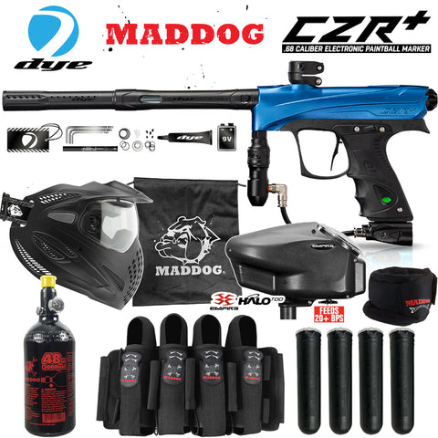 Maddog DYE CZR+ .68 Cal Full Auto Electronic Paintball Gun Marker Elite Starter Package | Thermal Anti-Fog Paintball Mask, HPA Tank, Empire Halo Too Loader, Neck Protector, Pro Harness & Paintball Pods