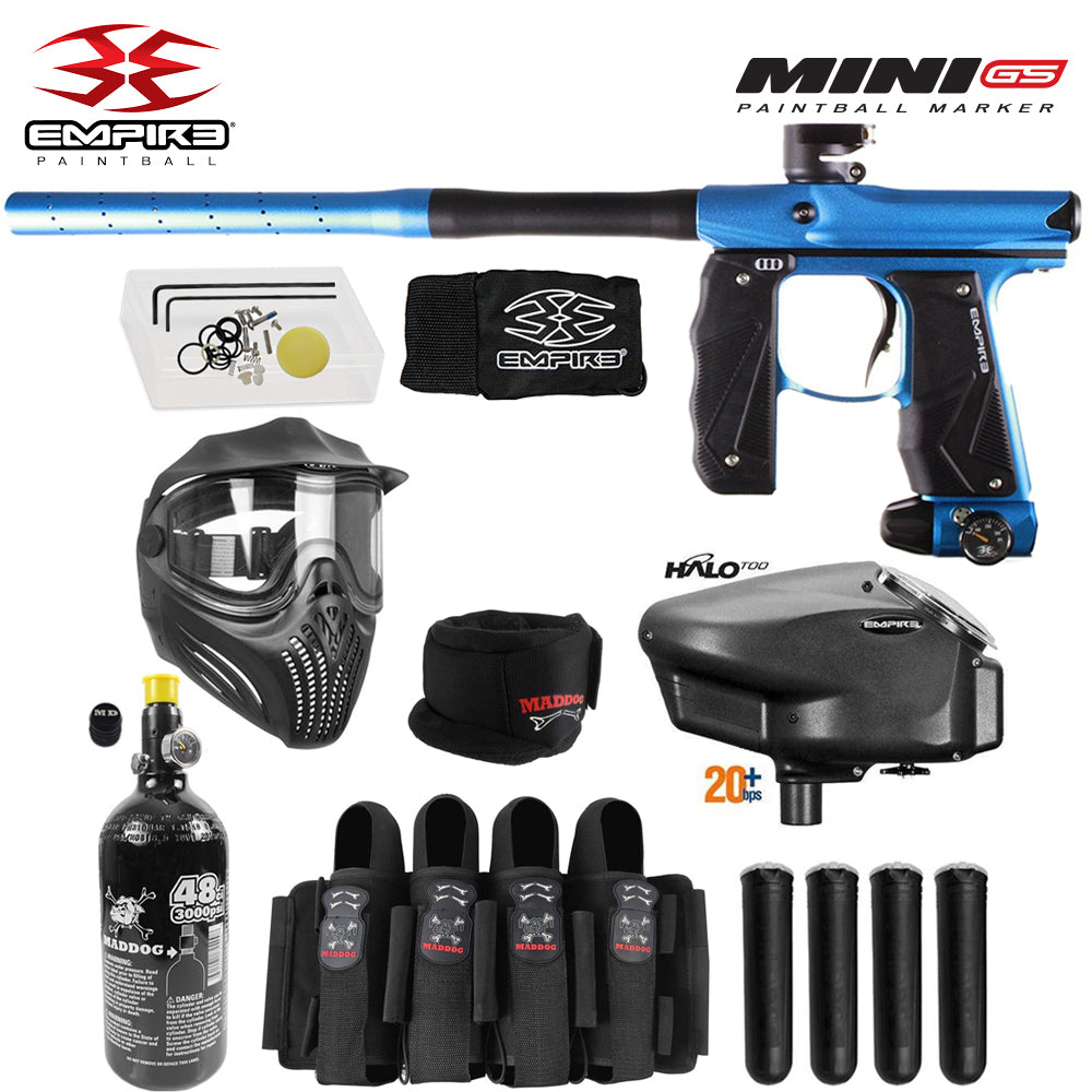 Empire Mini GS Full Auto Paintball Gun Marker w/ 48/3000 HPA Tank, Empire Halo Too Loader, Empire Helix Thermal Mask, Neck Protector, 4+3 Harness & (4) Pods Starter Package
