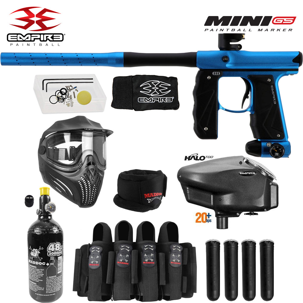 Empire Mini GS Full Auto Paintball Gun Marker w/ 48/3000 HPA Tank, Empire Halo Too Loader, Empire Helix Thermal Mask, Neck Protector, 4+3 Harness & (4) Pods Starter Package