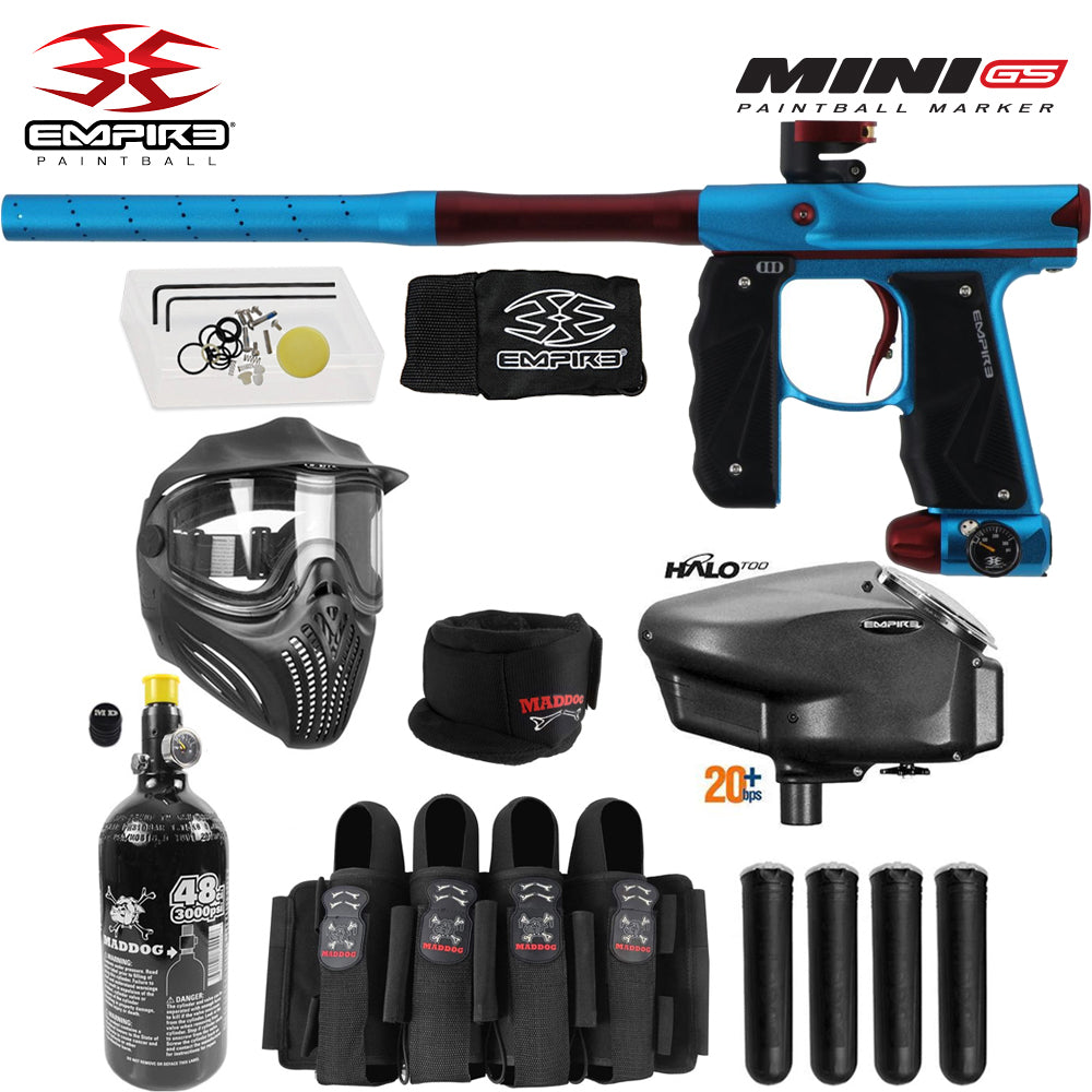 Empire Mini GS Full Auto Paintball Gun Marker w/ 48/3000 HPA Tank, Empire Halo Too Loader, Empire Helix Thermal Mask, Neck Protector, 4+3 Harness & (4) Pods Starter Package