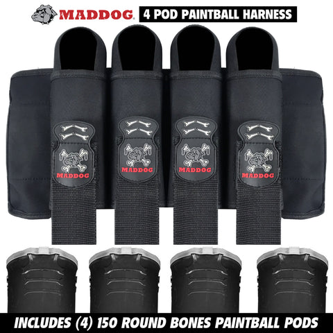 Maddog 4 Pod Vertical Paintball Harness Pod Pack w/ (4) 150 Round BONES Paintball Pods