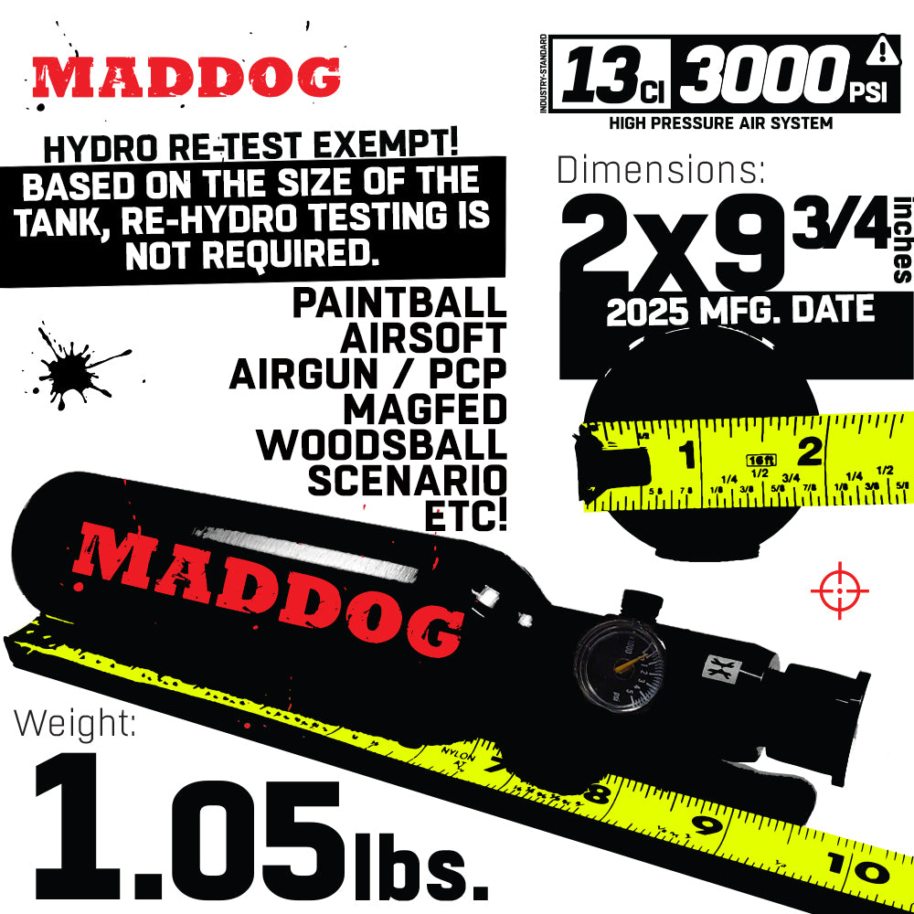 CLEARANCE USED Maddog 13ci/3000psi Compressed Air Aluminum HPA Paintball Tank with Regulator - 2025 HYDRO