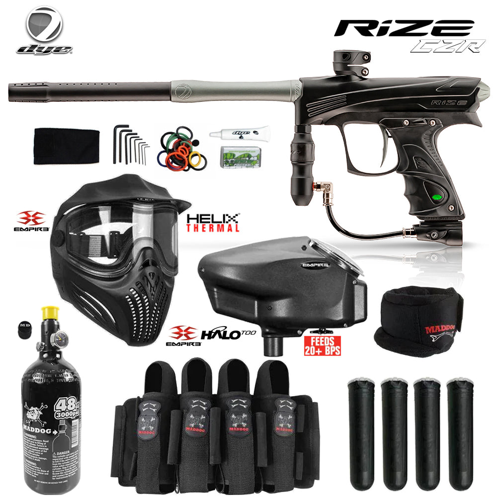 Dye Rize CZR Full Auto Paintball Gun Marker w/ 48/3000 HPA Tank, Empire Halo Too Loader, Empire Helix Thermal Mask, Neck Protector, 4+3 Harness & (4) Pods Starter Package