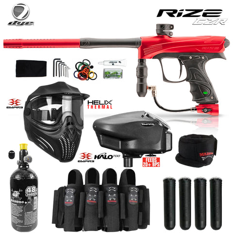Dye Rize CZR Full Auto Paintball Gun Marker w/ 48/3000 HPA Tank, Empire Halo Too Loader, Empire Helix Thermal Mask, Neck Protector, 4+3 Harness & (4) Pods Starter Package