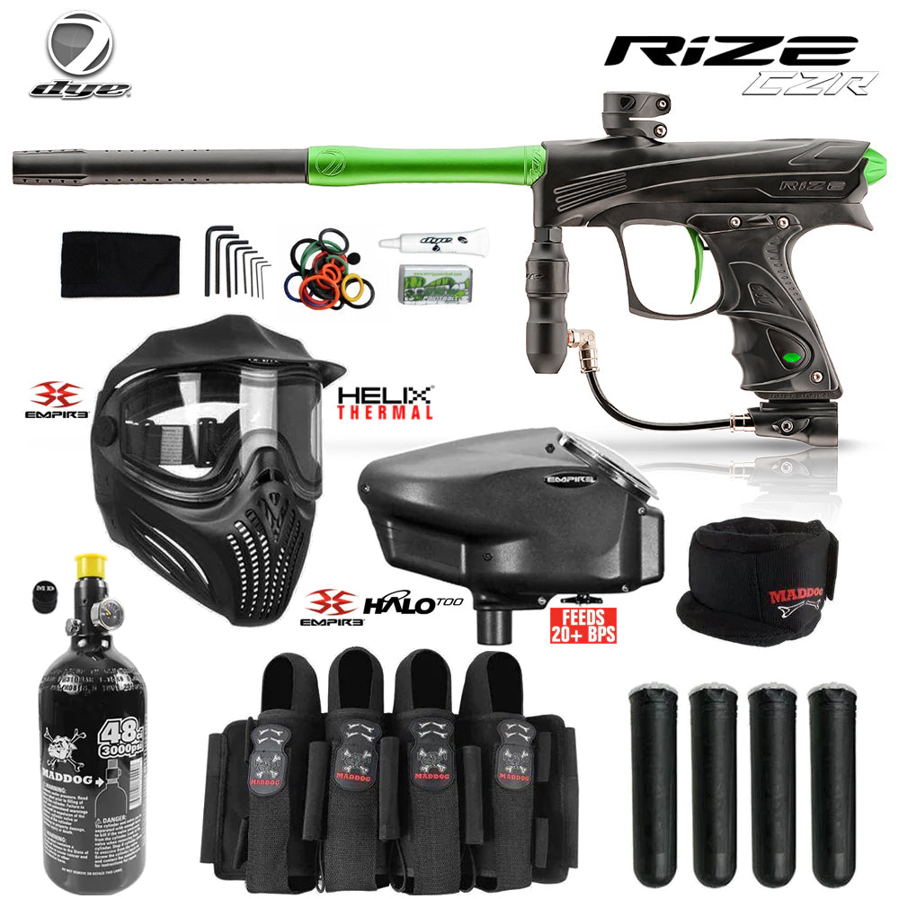 Dye Rize CZR Full Auto Paintball Gun Marker w/ 48/3000 HPA Tank, Empire Halo Too Loader, Empire Helix Thermal Mask, Neck Protector, 4+3 Harness & (4) Pods Starter Package