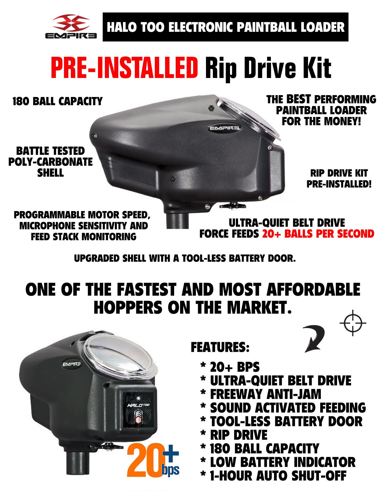 Empire Halo Too Electronic Paintball Loader with HK Army Epic Speed Feed - 20+ BPS