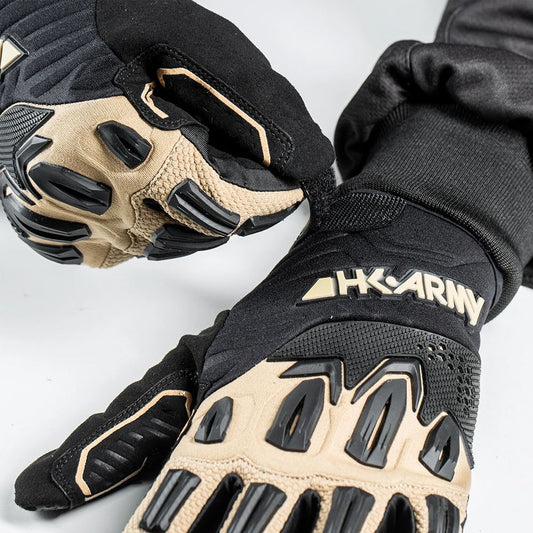 HK Army Full Finger Hardline Armored Paintball Gloves - Tactical Black / Tan