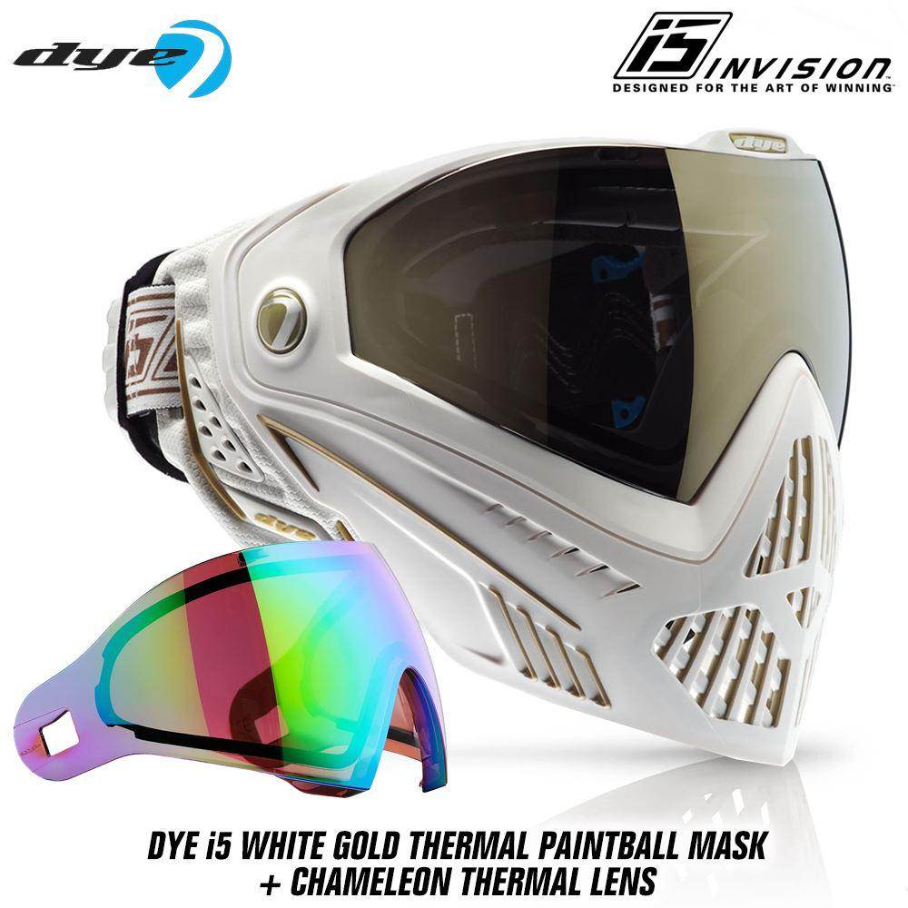 Dye I5 Thermal Paintball Mask Goggles with GSR Pro Strap - White / Gold - PaintballDeals.com
