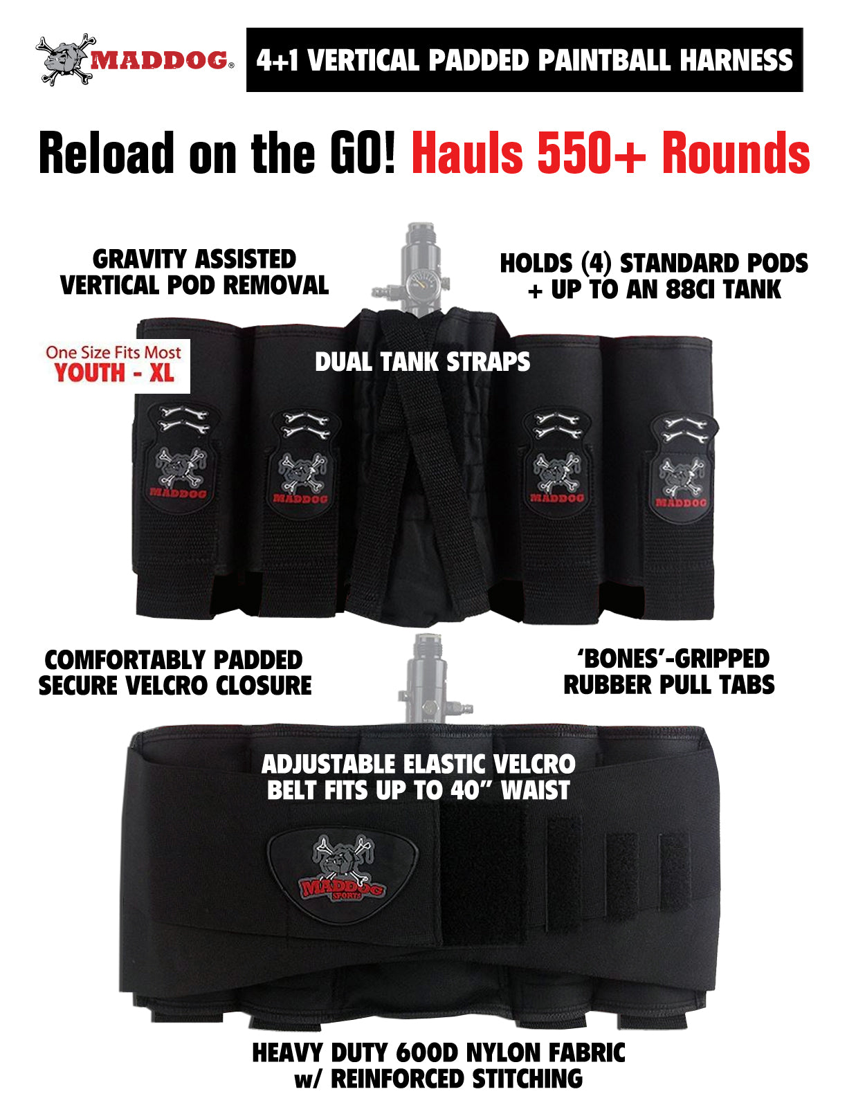 Maddog 4+1 Vertical Paintball Harness, Paintball Pods, Quick Disconnect Remote Coil, and Fill Whip Combo